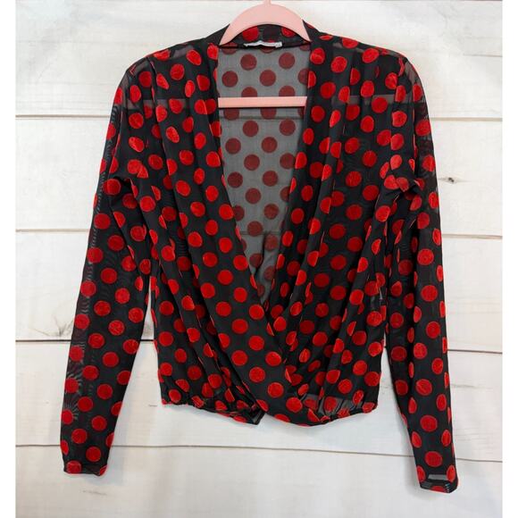 ZARA Black with Red Velvet Polka Dots Sz SM Blouse Sheer - Picture 1 of 4
